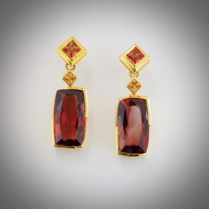 Pendants d'oreilles - Or jaune - 18 carats - Saphirs orange - Saphir jaune - Grenat